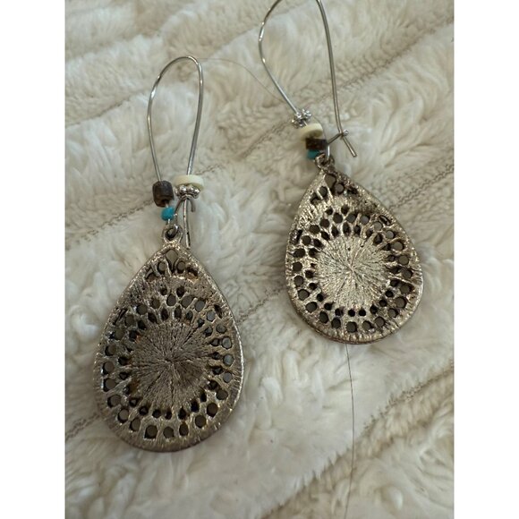 Boho Chic Teardrop Earrings With Turquoise & White Beads Antique Gold Finish Lig - Picture 5 of 5